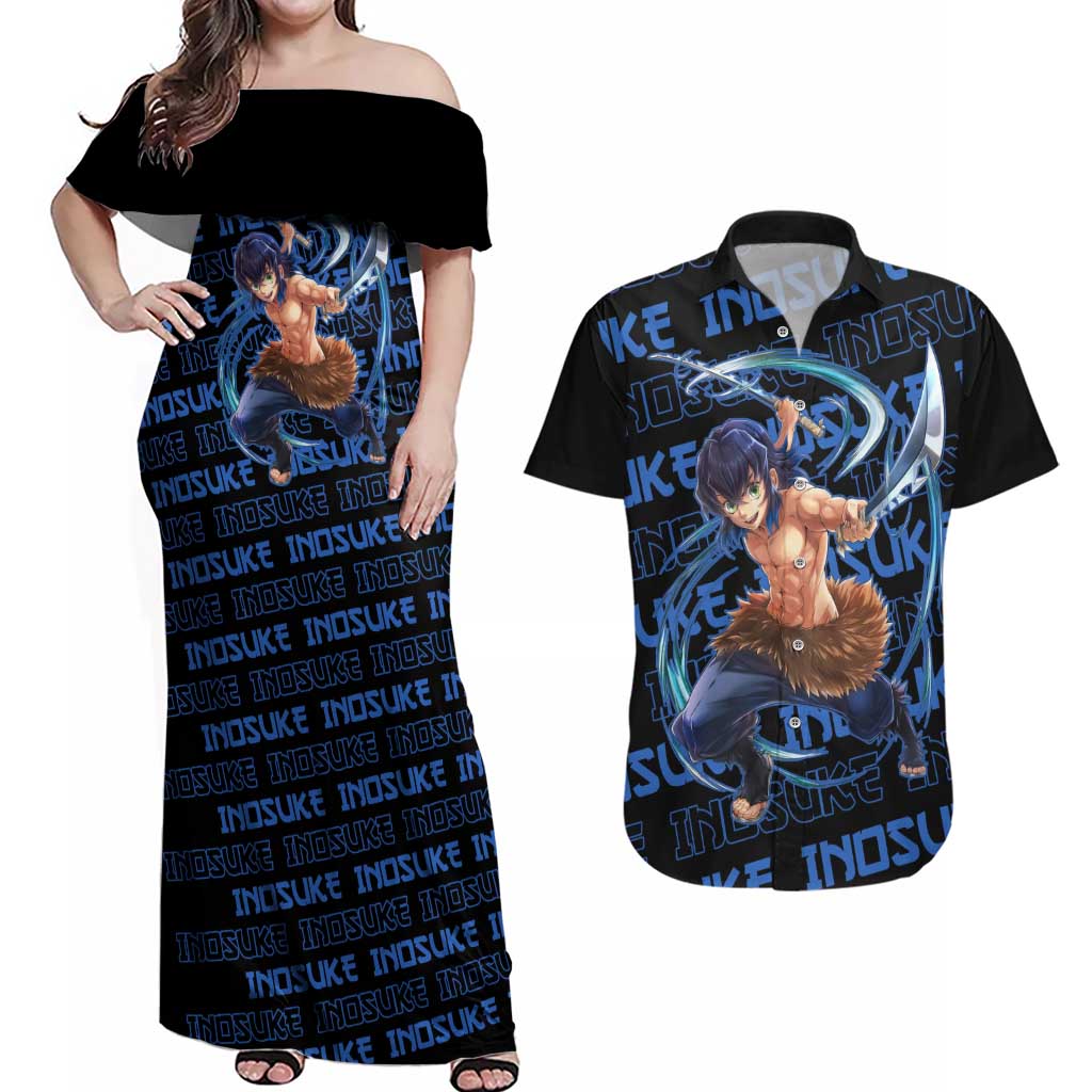 Inosuke Hashibira - Demon Slayer Couples Matching Off Shoulder Maxi Dress and Hawaiian Shirt Anime Japan Style