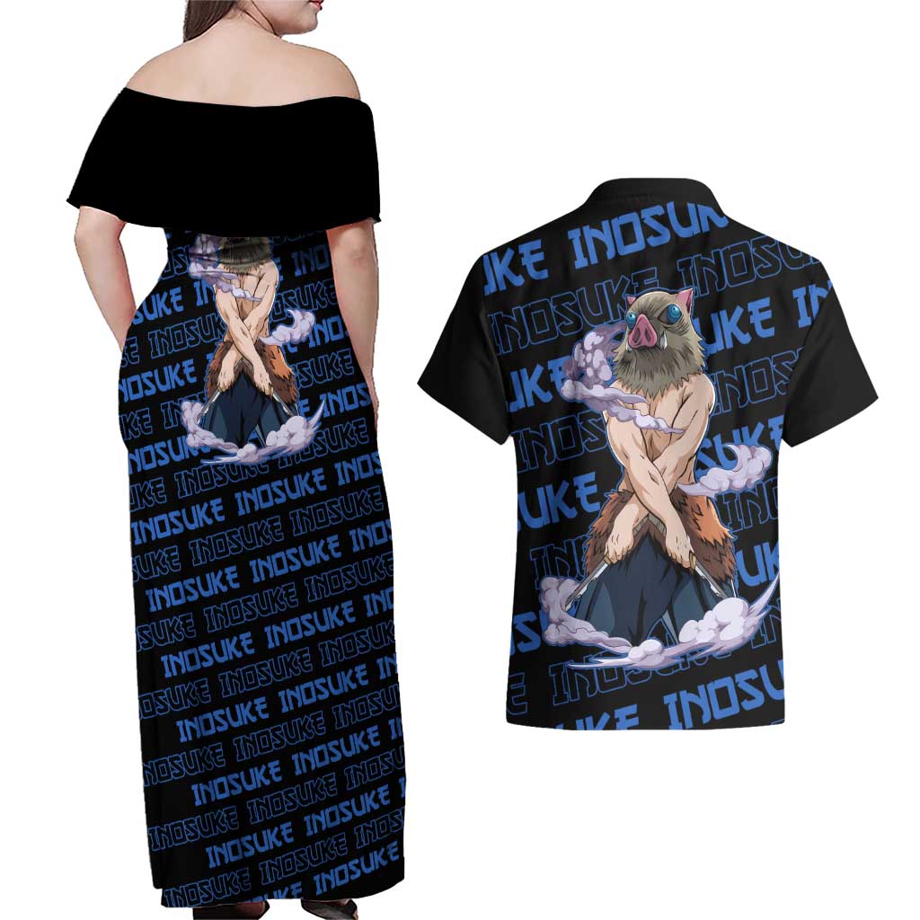 Inosuke Hashibira - Demon Slayer Couples Matching Off Shoulder Maxi Dress and Hawaiian Shirt Anime Japan Style