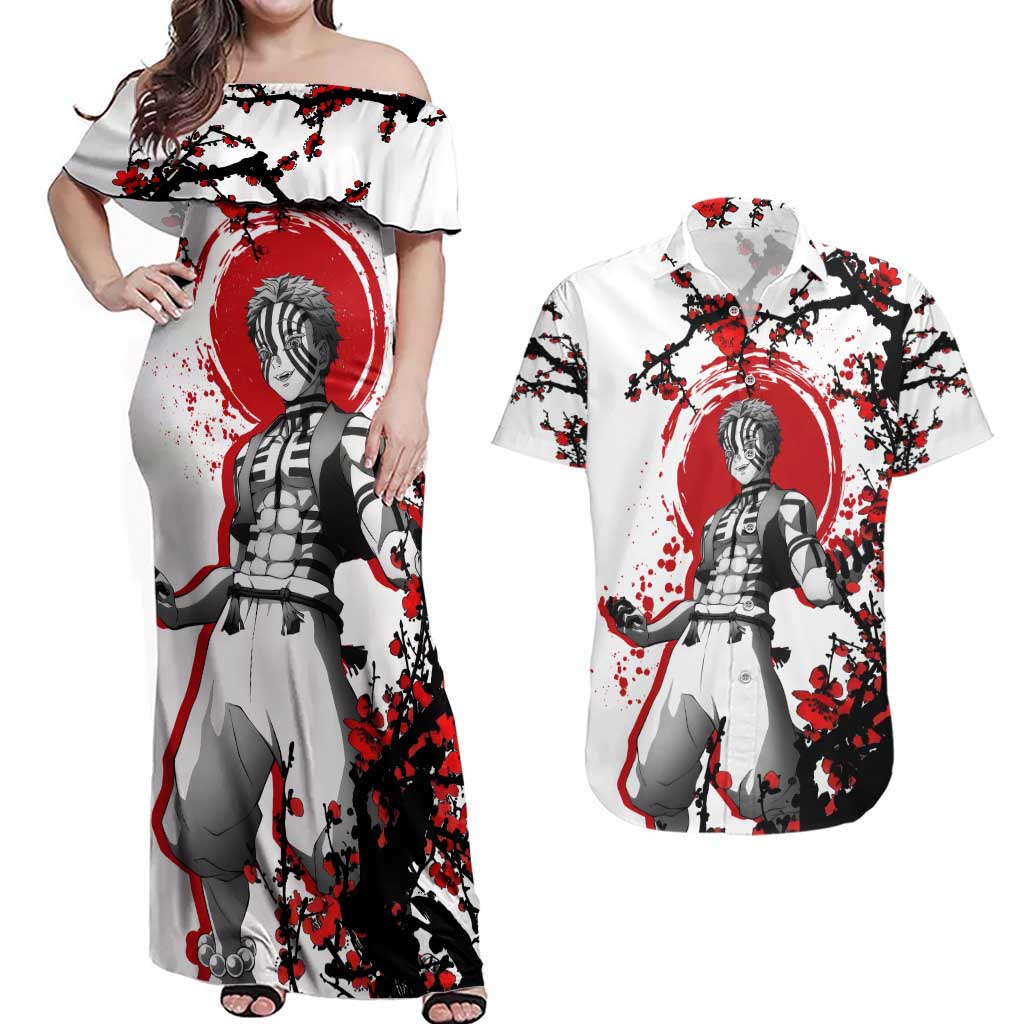Akaza - Demon Slayer Couples Matching Off Shoulder Maxi Dress and Hawaiian Shirt Anime Japan Style