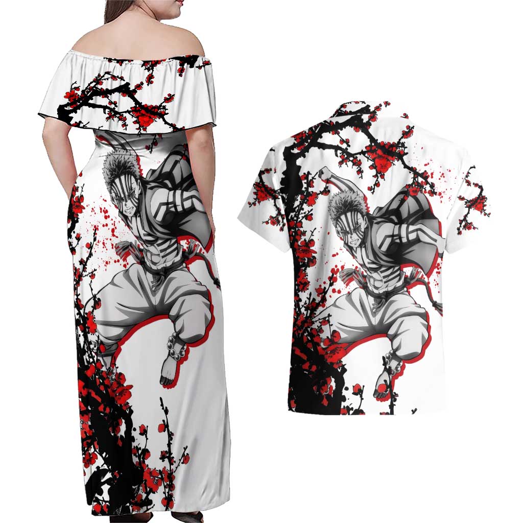 Akaza - Demon Slayer Couples Matching Off Shoulder Maxi Dress and Hawaiian Shirt Anime Japan Style