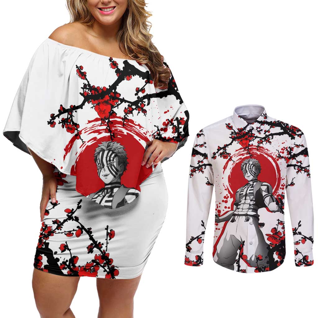 Akaza - Demon Slayer Couples Matching Off Shoulder Short Dress and Long Sleeve Button Shirt Anime Japan Style