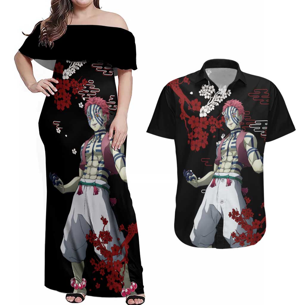 Akaza - Demon Slayer Couples Matching Off Shoulder Maxi Dress and Hawaiian Shirt Anime Japan Style