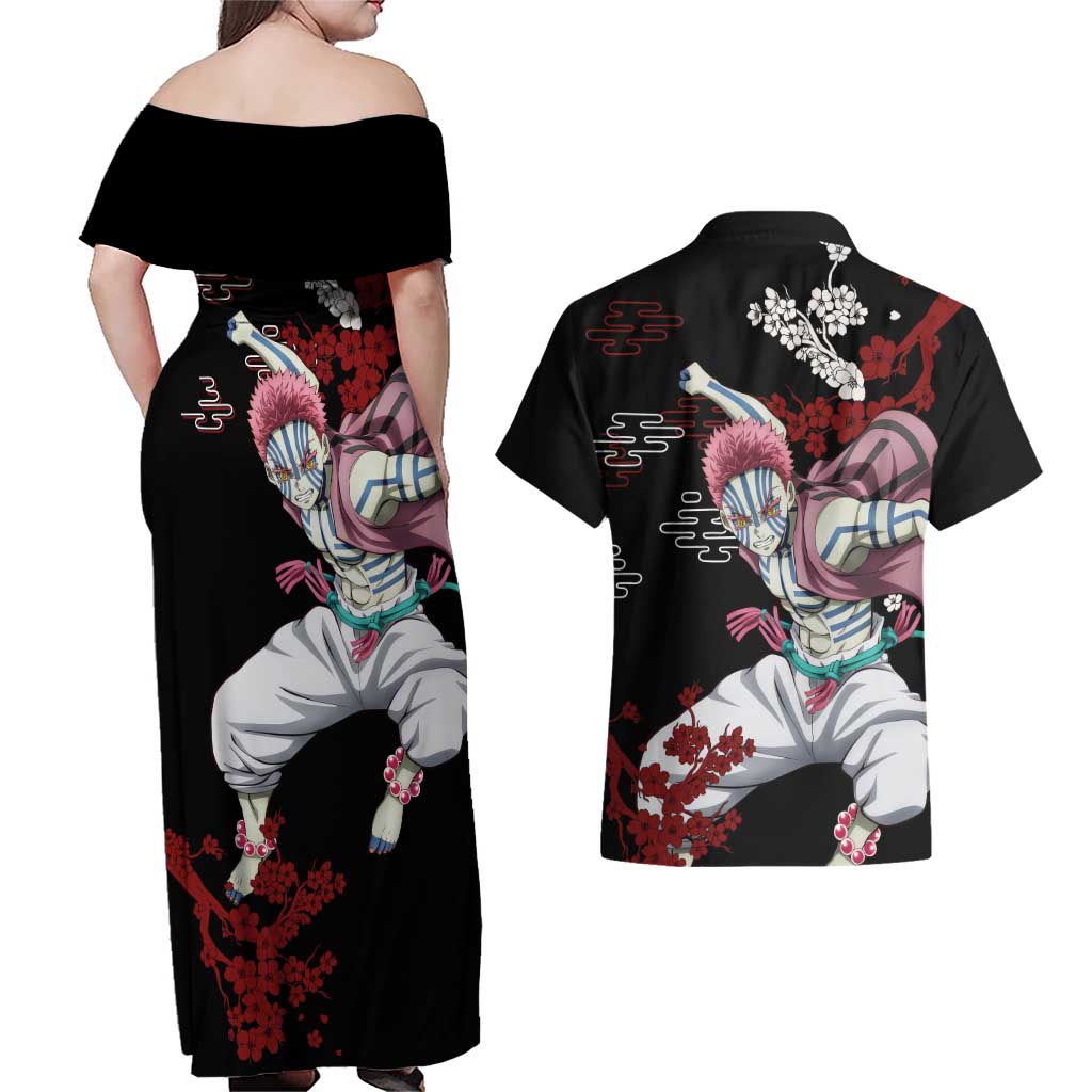 Akaza - Demon Slayer Couples Matching Off Shoulder Maxi Dress and Hawaiian Shirt Anime Japan Style