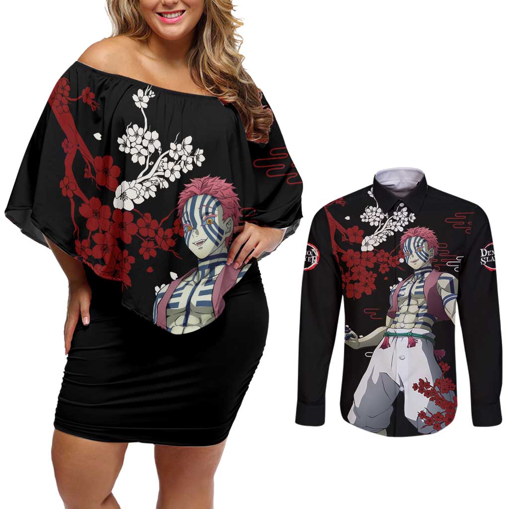 Akaza - Demon Slayer Couples Matching Off Shoulder Short Dress and Long Sleeve Button Shirt Anime Japan Style