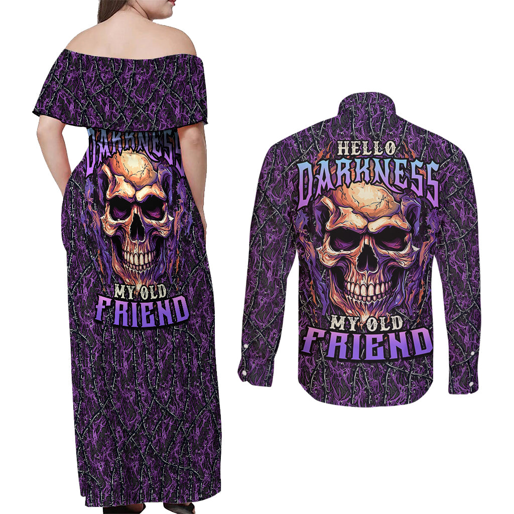 skull-couples-matching-off-shoulder-maxi-dress-and-long-sleeve-button-shirts-hello-darkness-my-old-friend-horror-seamless-pattern-purple