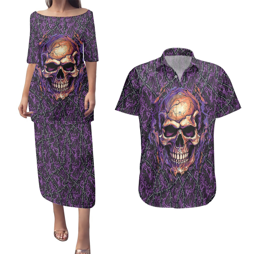 skull-couples-matching-puletasi-dress-and-hawaiian-shirt-hello-darkness-my-old-friend-horror-seamless-pattern-purple