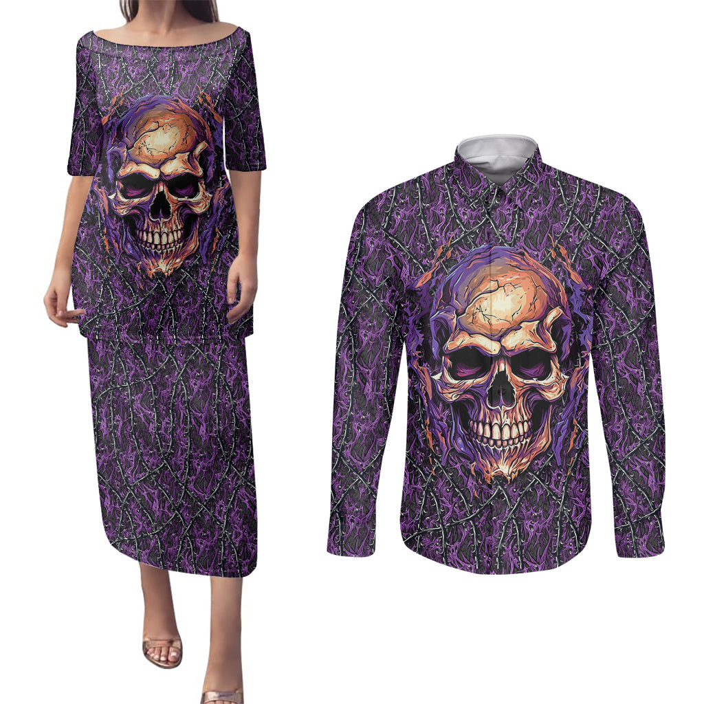 skull-couples-matching-puletasi-dress-and-long-sleeve-button-shirts-hello-darkness-my-old-friend-horror-seamless-pattern-purple