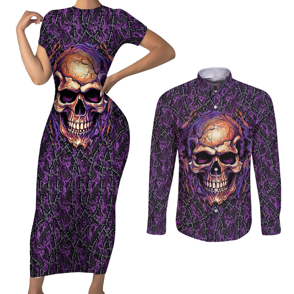 skull-couples-matching-short-sleeve-bodycon-dress-and-long-sleeve-button-shirts-hello-darkness-my-old-friend-horror-seamless-pattern-purple
