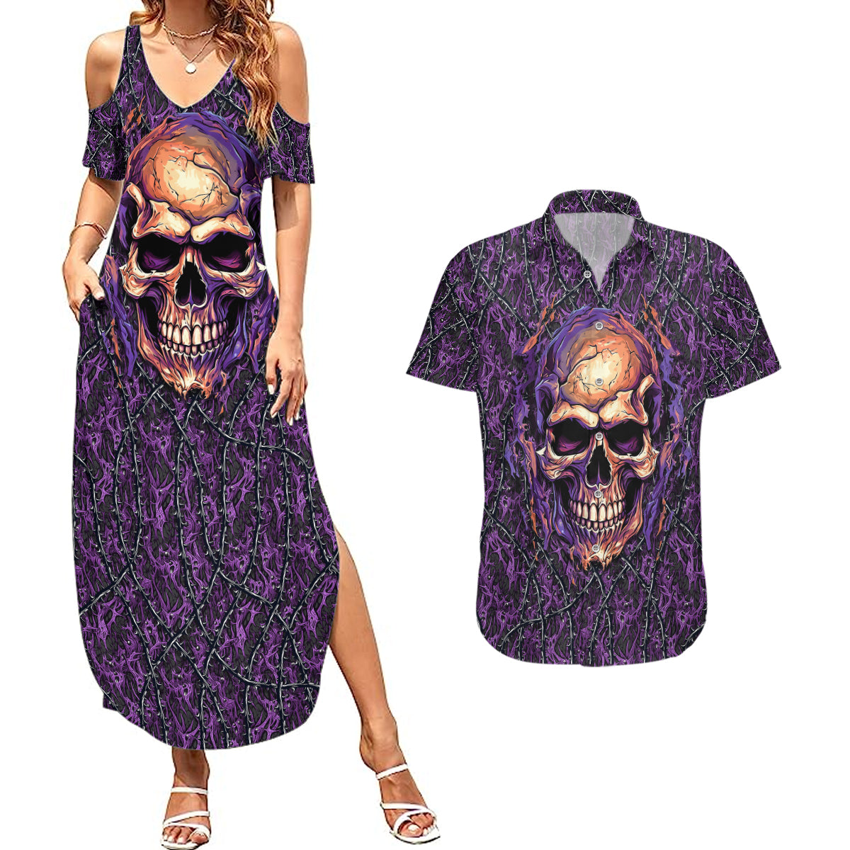 skull-couples-matching-summer-maxi-dress-and-hawaiian-shirt-hello-darkness-my-old-friend-horror-seamless-pattern-purple