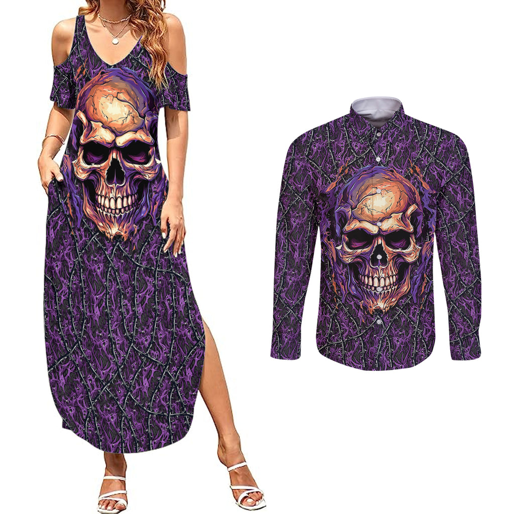 skull-couples-matching-summer-maxi-dress-and-long-sleeve-button-shirts-hello-darkness-my-old-friend-horror-seamless-pattern-purple