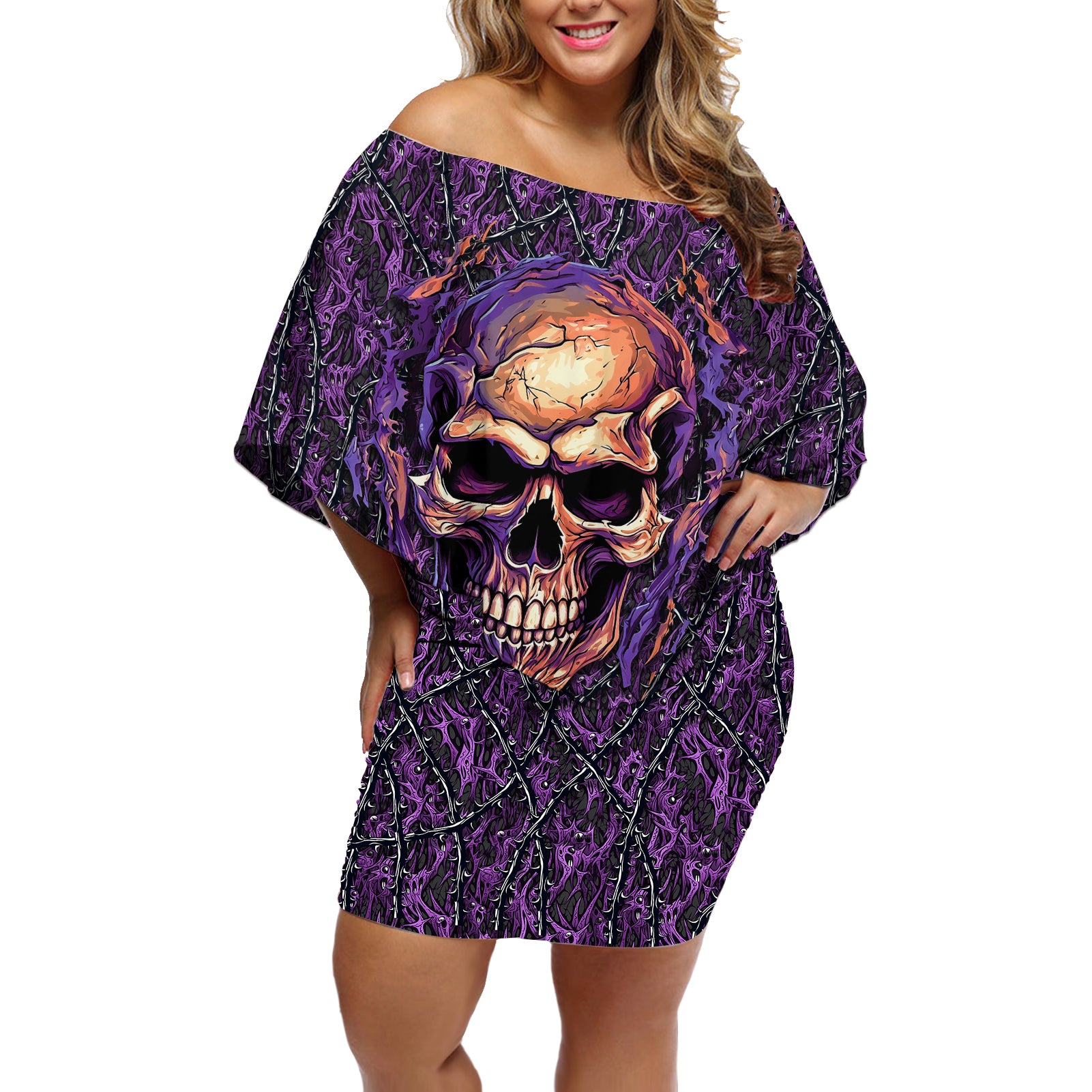 skull-off-shoulder-short-dress-hello-darkness-my-old-friend-horror-seamless-pattern-purple