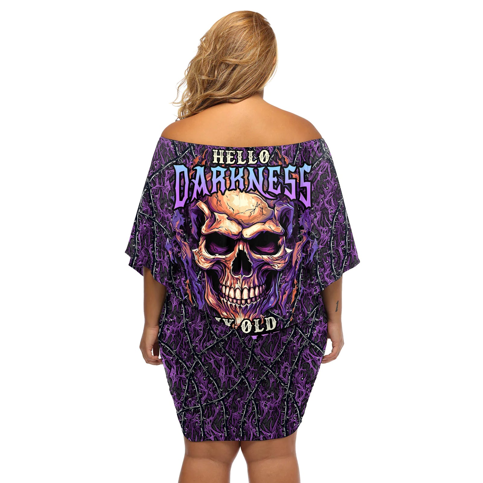 skull-off-shoulder-short-dress-hello-darkness-my-old-friend-horror-seamless-pattern-purple