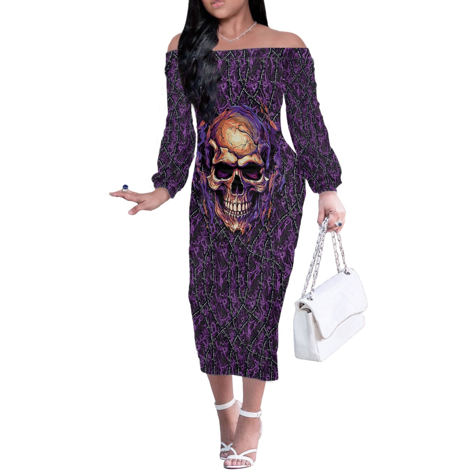 skull-off-the-shoulder-long-sleeve-dress-hello-darkness-my-old-friend-horror-seamless-pattern-purple