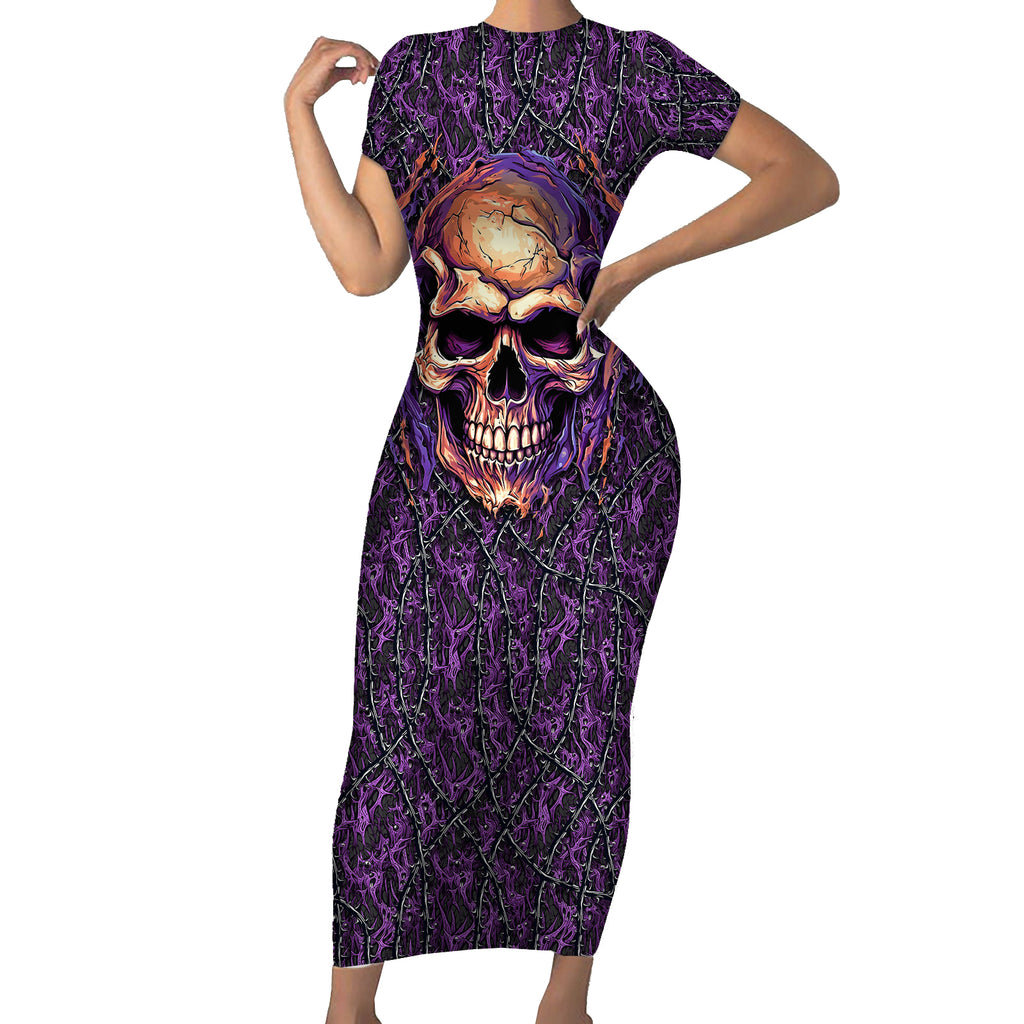 skull-short-sleeve-bodycon-dress-hello-darkness-my-old-friend-horror-seamless-pattern-purple
