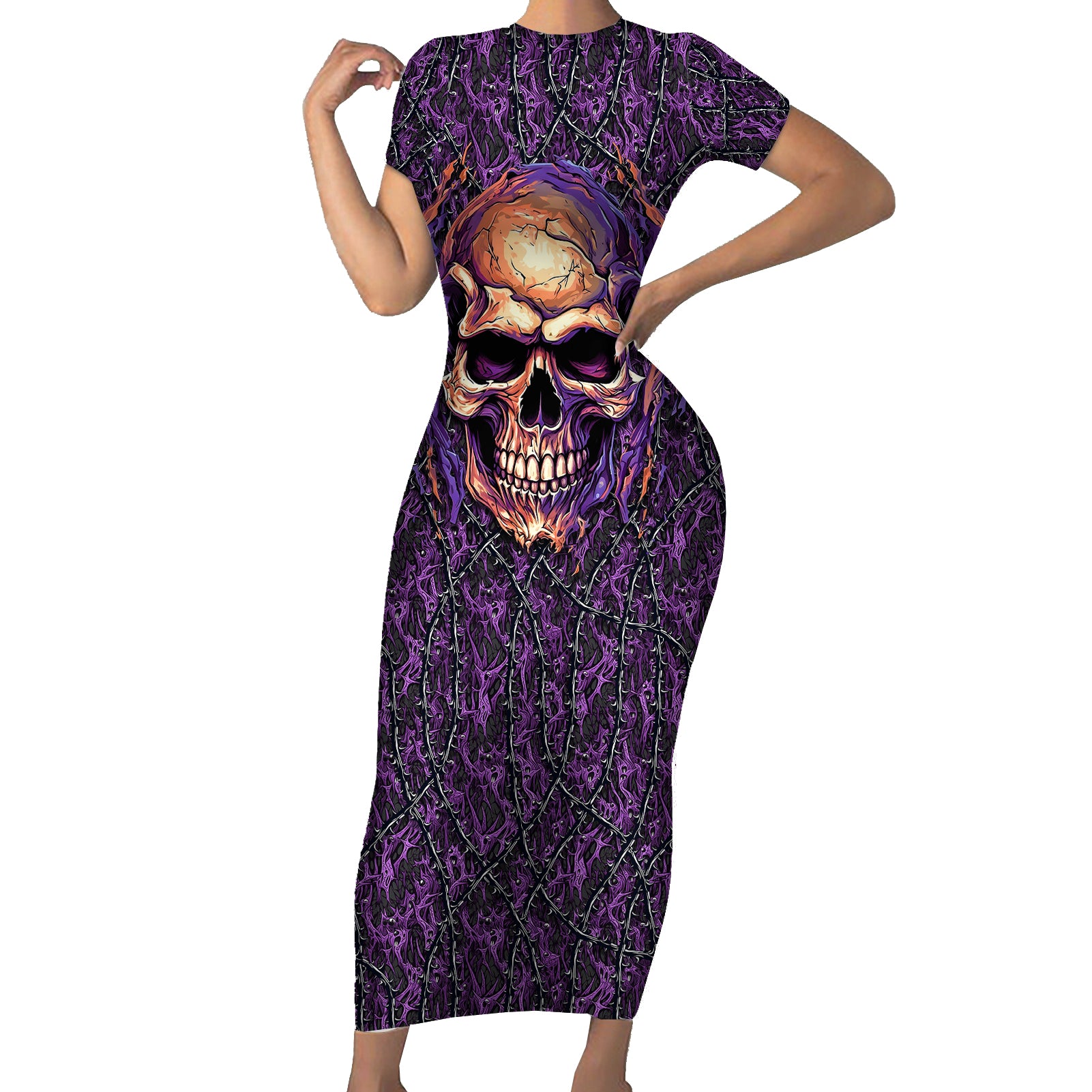 skull-short-sleeve-bodycon-dress-hello-darkness-my-old-friend-horror-seamless-pattern-purple