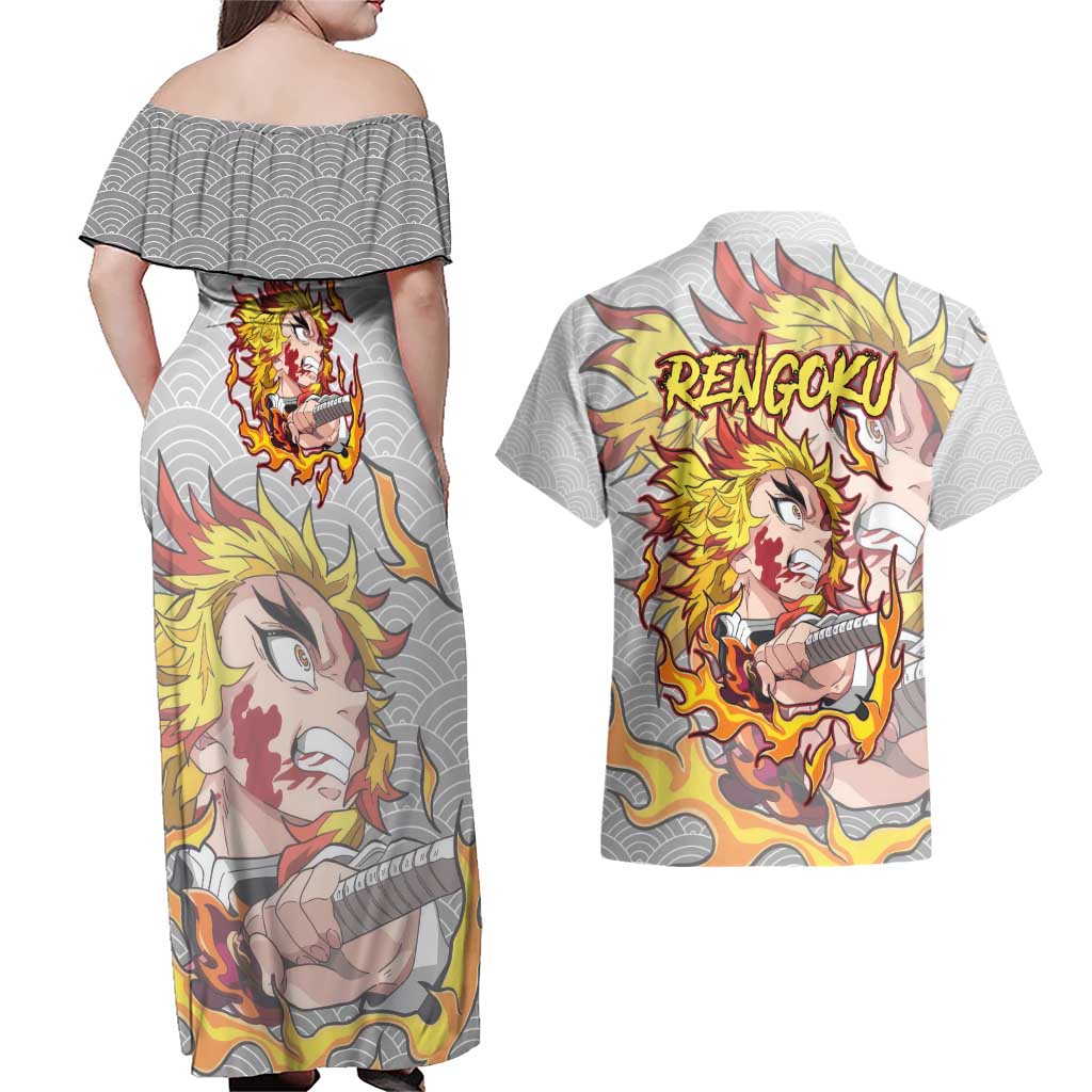 Rengoku Kyojuro - Demon Slayer Couples Matching Off Shoulder Maxi Dress and Hawaiian Shirt Anime Style
