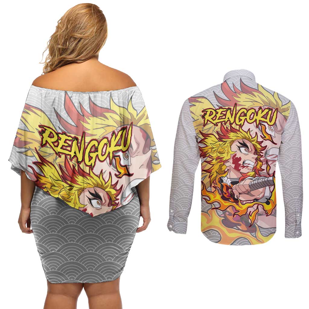 Rengoku Kyojuro - Demon Slayer Couples Matching Off Shoulder Short Dress and Long Sleeve Button Shirt Anime Style