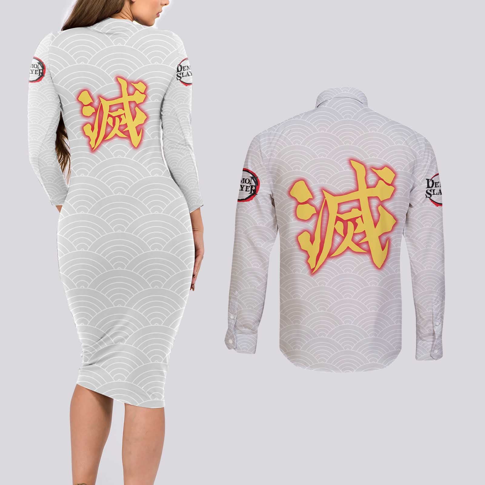 Rengoku Kyojuro - Demon Slayer Couples Matching Long Sleeve Bodycon Dress and Long Sleeve Button Shirt Anime Style