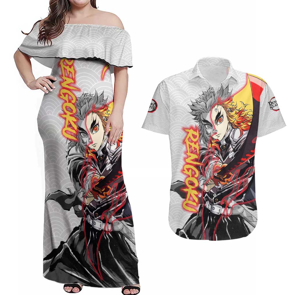 Rengoku Kyojuro - Demon Slayer Couples Matching Off Shoulder Maxi Dress and Hawaiian Shirt Anime Style