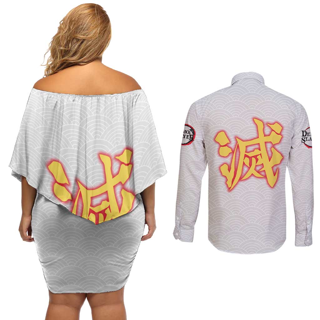 Rengoku Kyojuro - Demon Slayer Couples Matching Off Shoulder Short Dress and Long Sleeve Button Shirt Anime Style