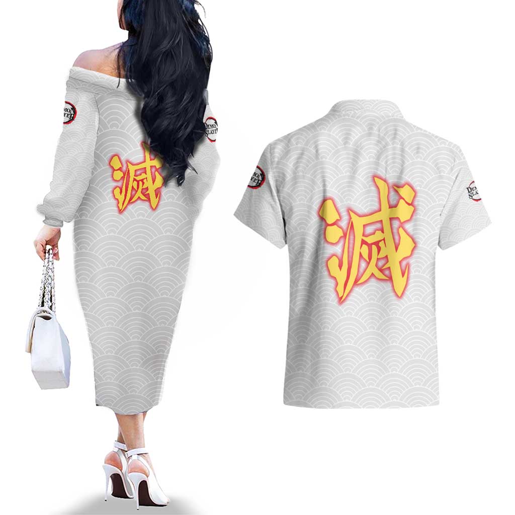 Rengoku Kyojuro - Demon Slayer Couples Matching Off The Shoulder Long Sleeve Dress and Hawaiian Shirt Anime Style
