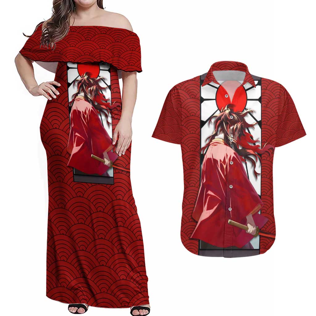Yoriichi Tsugikuni - Demon Slayer Couples Matching Off Shoulder Maxi Dress and Hawaiian Shirt Anime Style