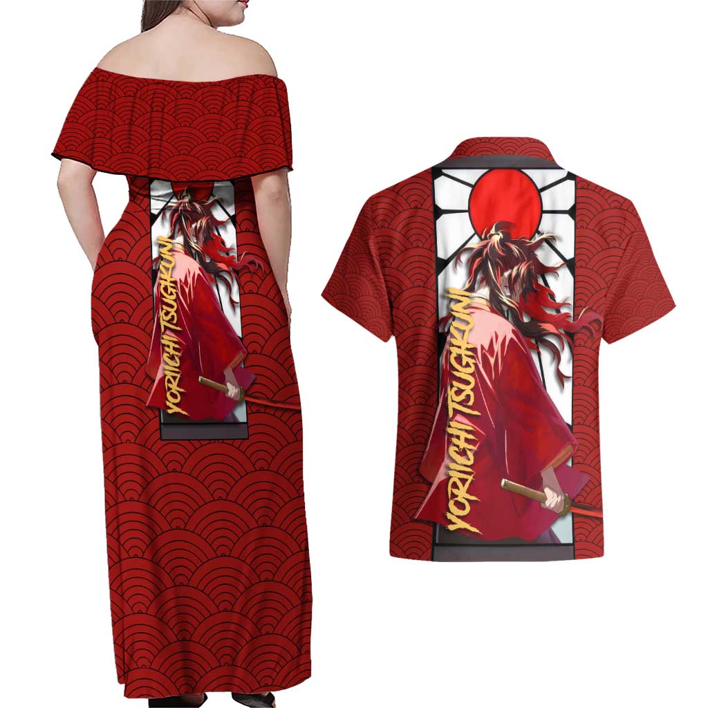 Yoriichi Tsugikuni - Demon Slayer Couples Matching Off Shoulder Maxi Dress and Hawaiian Shirt Anime Style