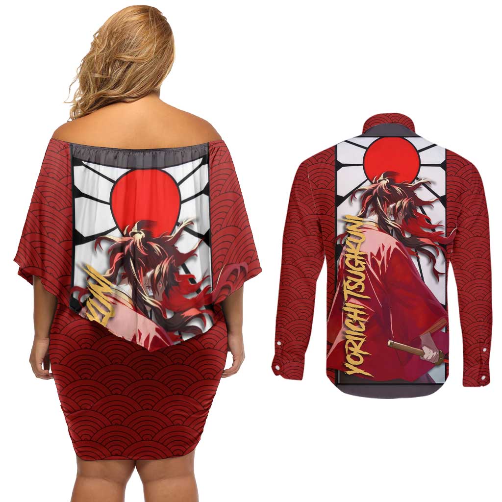 Yoriichi Tsugikuni - Demon Slayer Couples Matching Off Shoulder Short Dress and Long Sleeve Button Shirt Anime Style