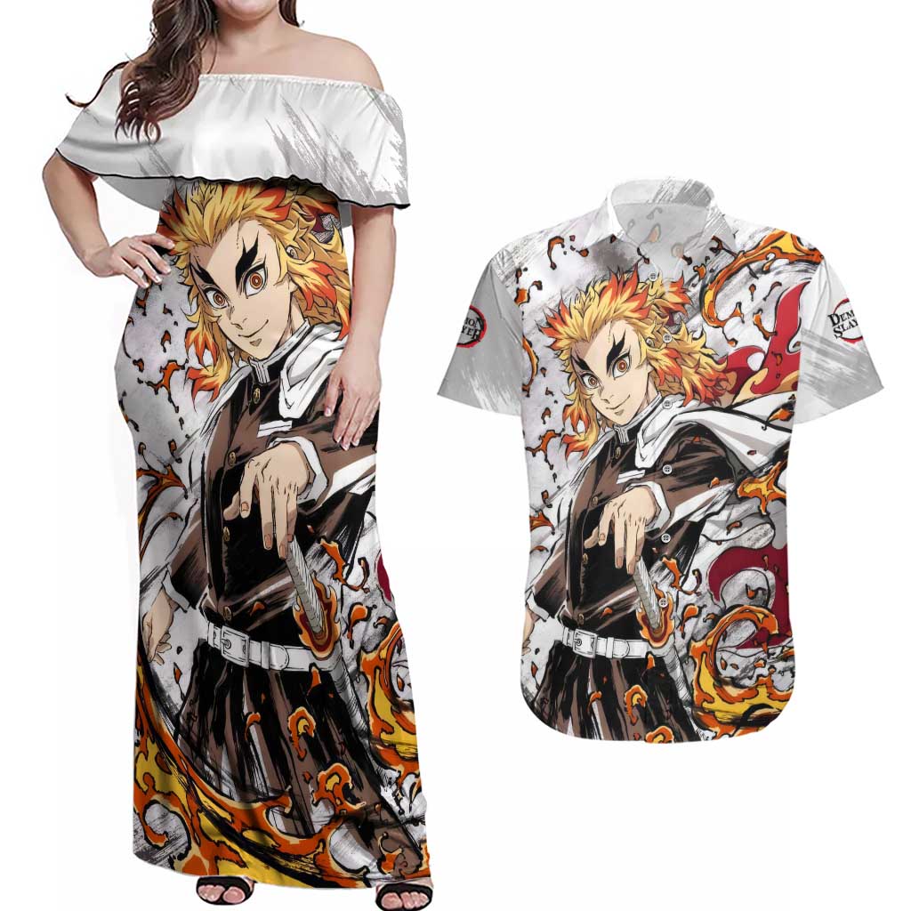 Rengoku Kyojuro - Demon Slayer Couples Matching Off Shoulder Maxi Dress and Hawaiian Shirt Anime Style