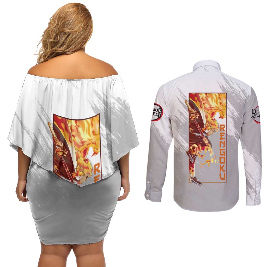 Rengoku Kyojuro - Demon Slayer Couples Matching Off Shoulder Short Dress and Long Sleeve Button Shirt Anime Style