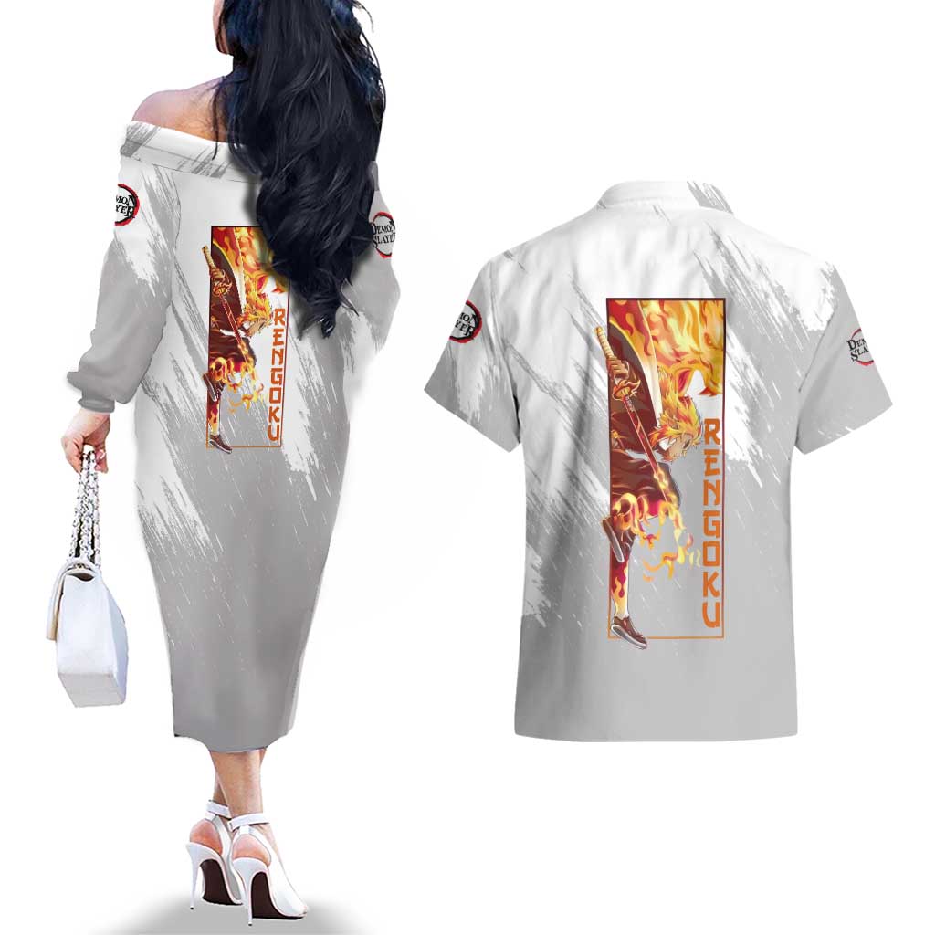 Rengoku Kyojuro - Demon Slayer Couples Matching Off The Shoulder Long Sleeve Dress and Hawaiian Shirt Anime Style