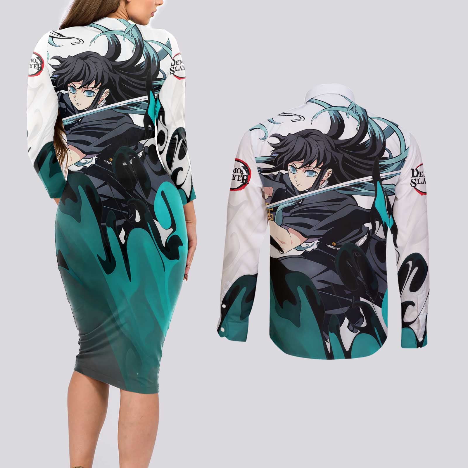 Muichiro Tokito - Demon Slayer Couples Matching Long Sleeve Bodycon Dress and Long Sleeve Button Shirt Anime Style