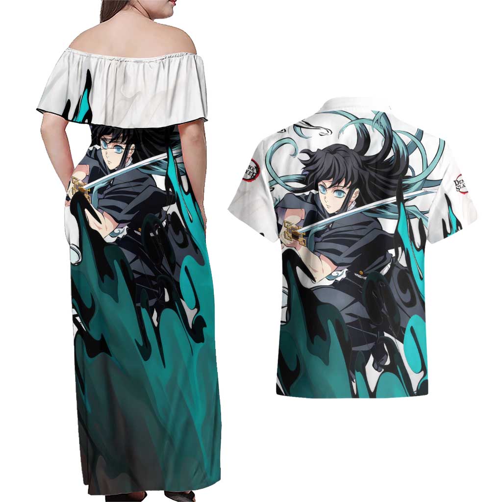 Muichiro Tokito - Demon Slayer Couples Matching Off Shoulder Maxi Dress and Hawaiian Shirt Anime Style
