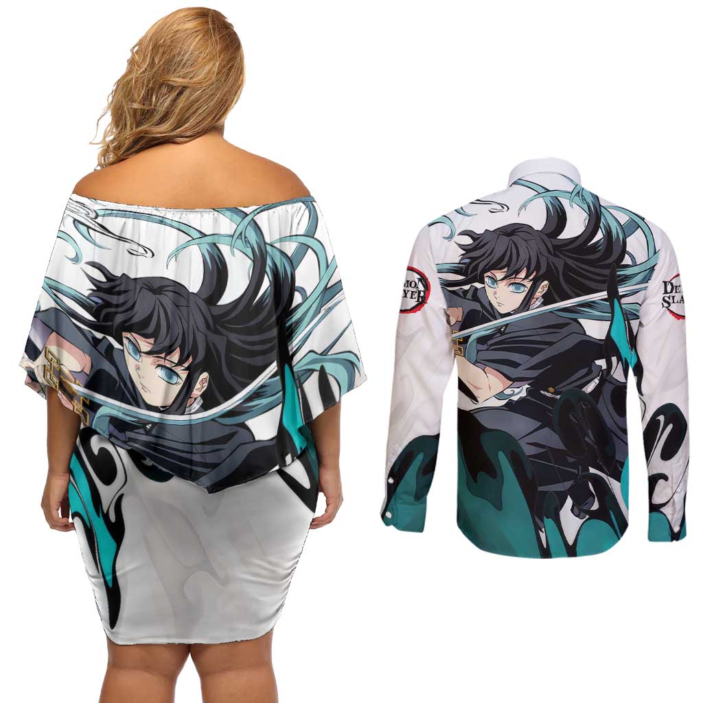 Muichiro Tokito - Demon Slayer Couples Matching Off Shoulder Short Dress and Long Sleeve Button Shirt Anime Style