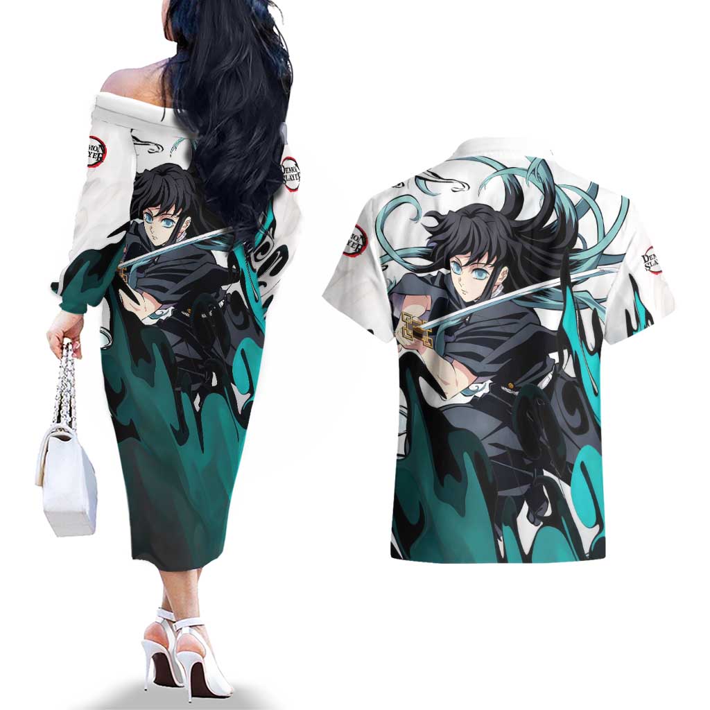 Muichiro Tokito - Demon Slayer Couples Matching Off The Shoulder Long Sleeve Dress and Hawaiian Shirt Anime Style