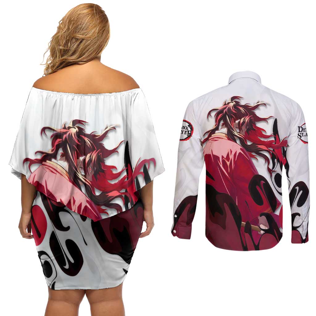 Yoriichi Tsugikuni - Demon Slayer Couples Matching Off Shoulder Short Dress and Long Sleeve Button Shirt Anime Style