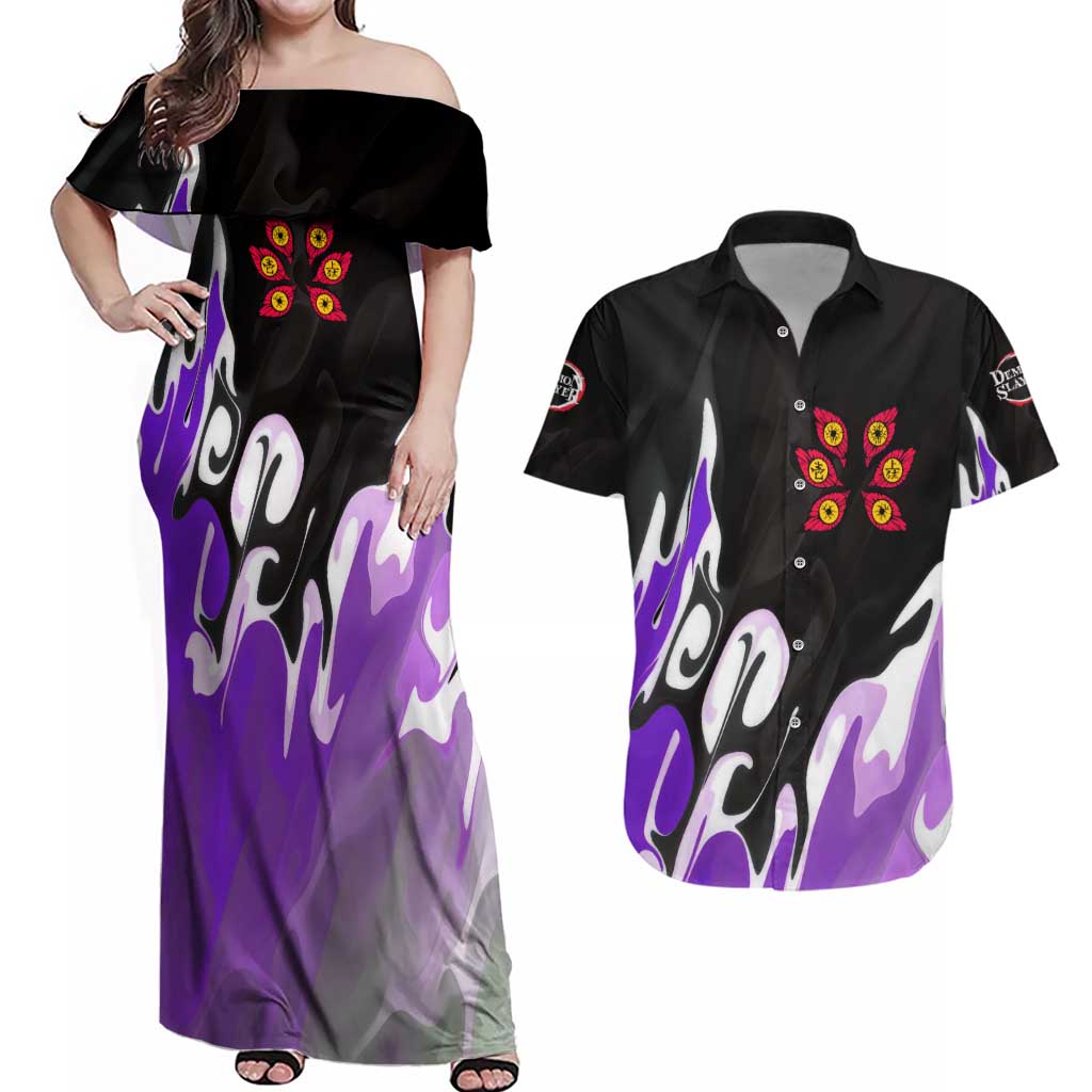 Kokushibo - Demon Slayer Couples Matching Off Shoulder Maxi Dress and Hawaiian Shirt Anime Style