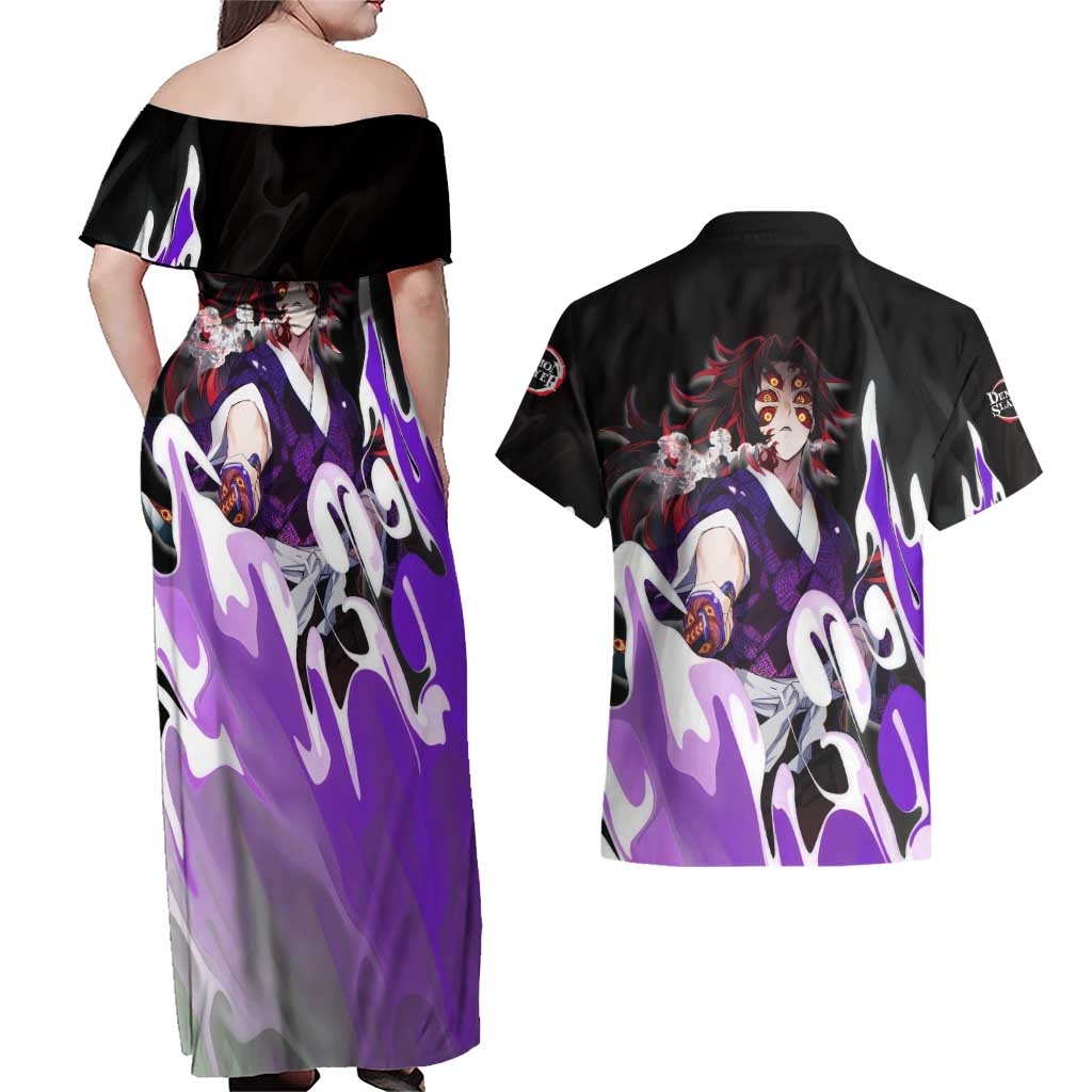 Kokushibo - Demon Slayer Couples Matching Off Shoulder Maxi Dress and Hawaiian Shirt Anime Style