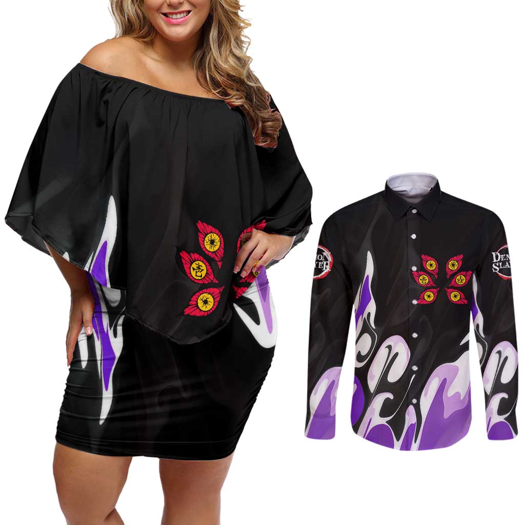 Kokushibo - Demon Slayer Couples Matching Off Shoulder Short Dress and Long Sleeve Button Shirt Anime Style