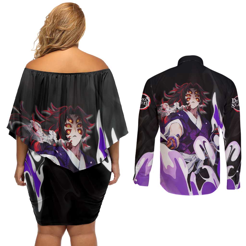 Kokushibo - Demon Slayer Couples Matching Off Shoulder Short Dress and Long Sleeve Button Shirt Anime Style
