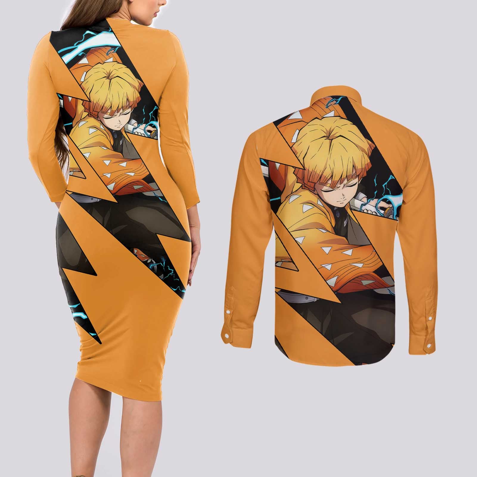 Zenitsu - Demon Slayer Couples Matching Long Sleeve Bodycon Dress and Long Sleeve Button Shirt Anime Style