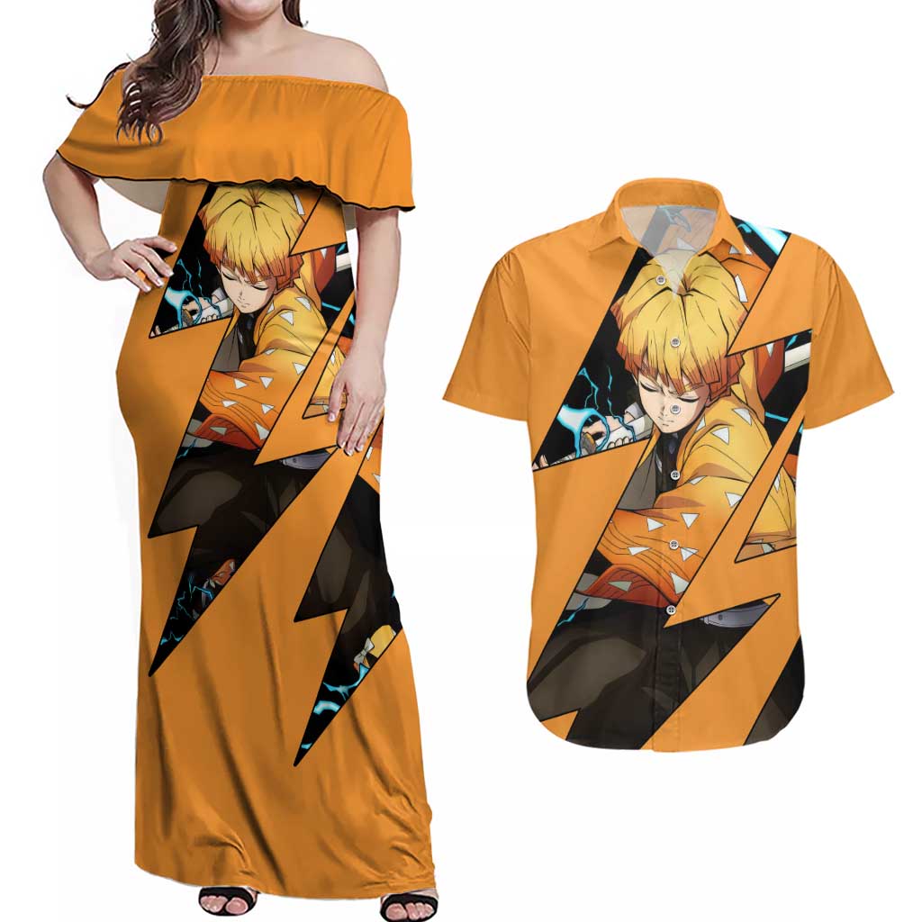 Zenitsu - Demon Slayer Couples Matching Off Shoulder Maxi Dress and Hawaiian Shirt Anime Style