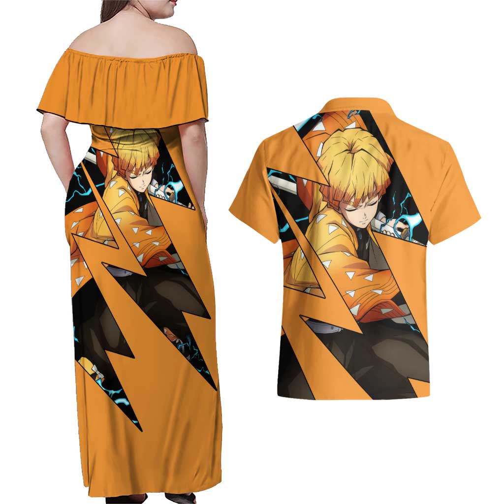 Zenitsu - Demon Slayer Couples Matching Off Shoulder Maxi Dress and Hawaiian Shirt Anime Style
