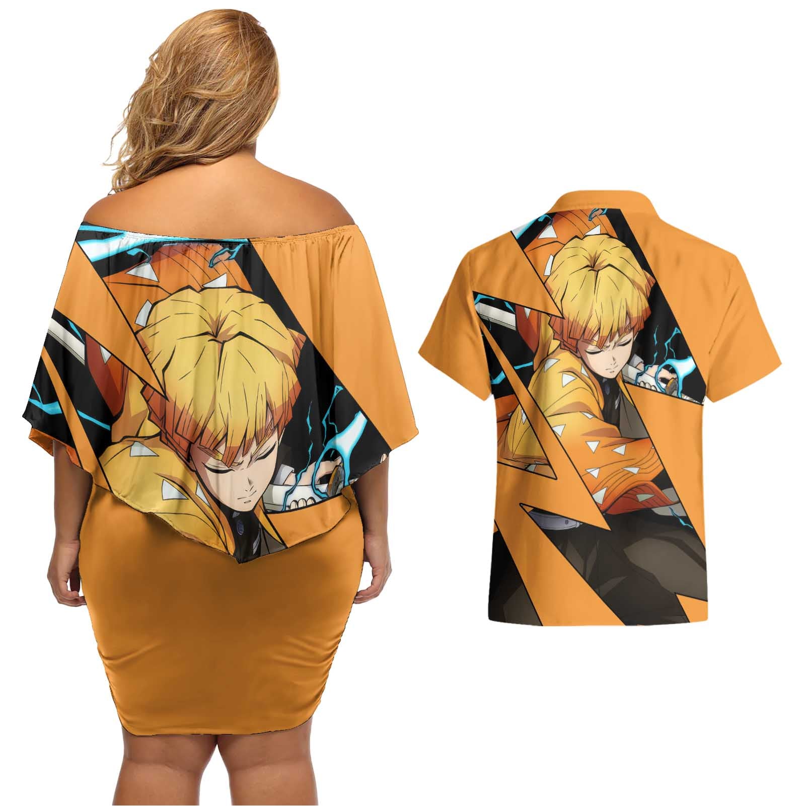 Zenitsu - Demon Slayer Couples Matching Off Shoulder Short Dress and Hawaiian Shirt Anime Style