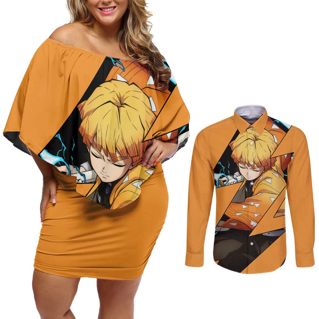 Zenitsu - Demon Slayer Couples Matching Off Shoulder Short Dress and Long Sleeve Button Shirt Anime Style