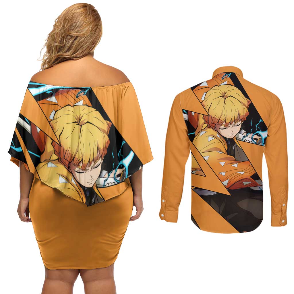 Zenitsu - Demon Slayer Couples Matching Off Shoulder Short Dress and Long Sleeve Button Shirt Anime Style