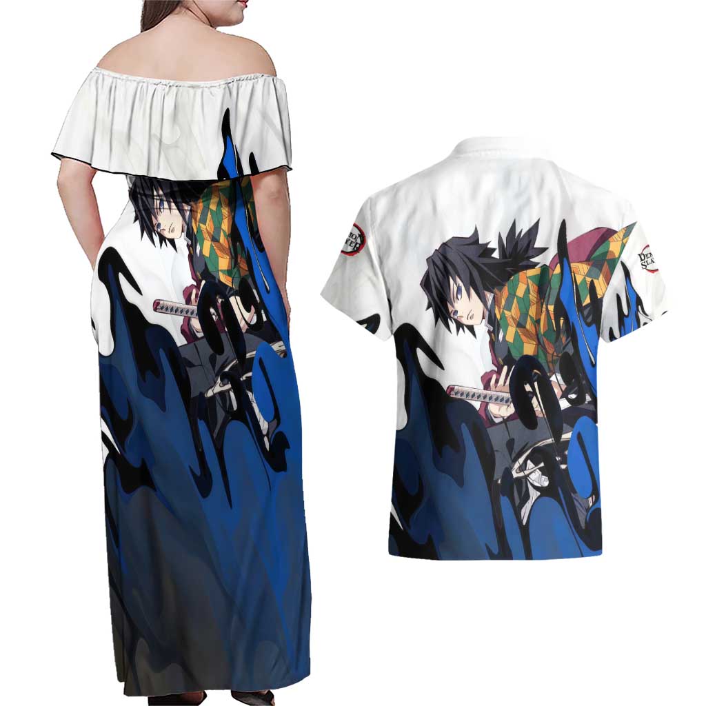 Tomioka Gyu - Demon Slayer Couples Matching Off Shoulder Maxi Dress and Hawaiian Shirt Anime Style