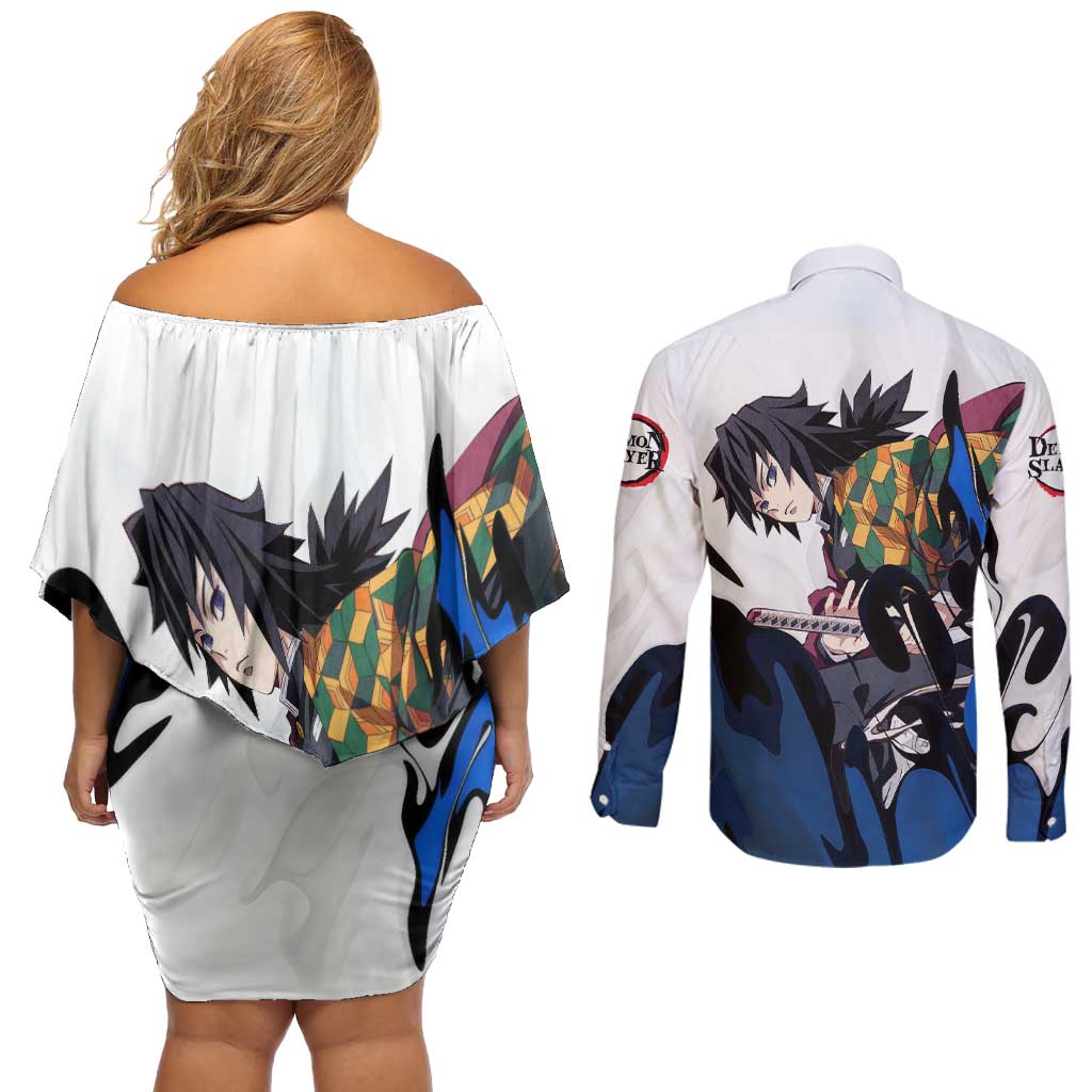 Tomioka Gyu - Demon Slayer Couples Matching Off Shoulder Short Dress and Long Sleeve Button Shirt Anime Style
