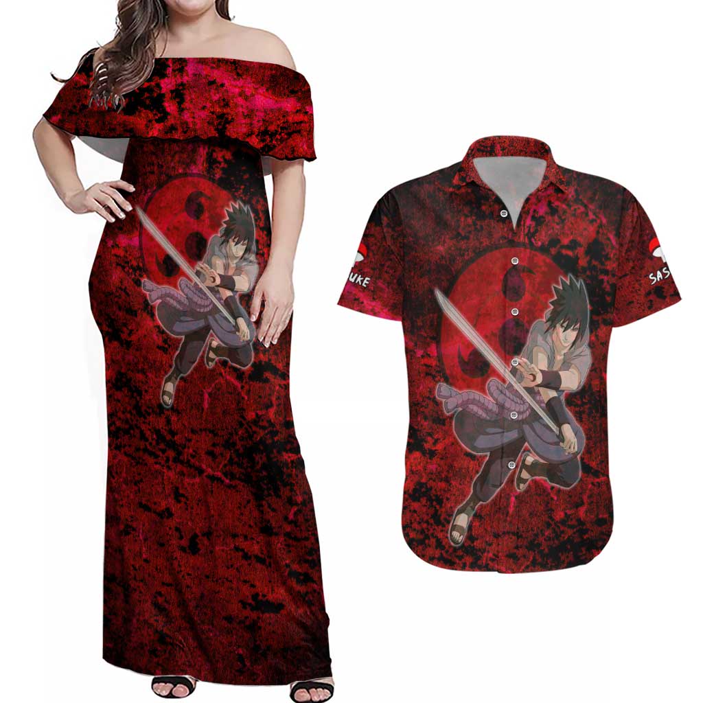 Uchiha Sasuke - Naruto Couples Matching Off Shoulder Maxi Dress and Hawaiian Shirt Anime Style