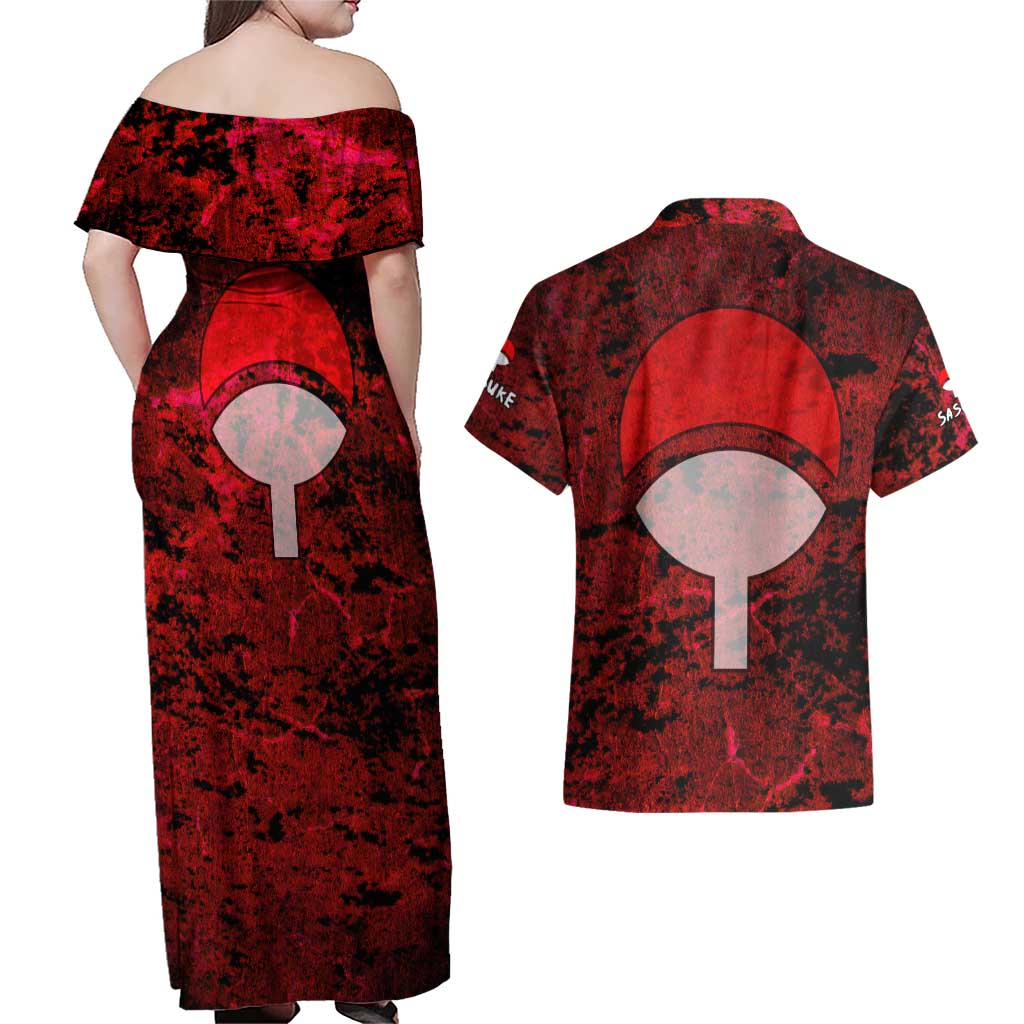 Uchiha Sasuke - Naruto Couples Matching Off Shoulder Maxi Dress and Hawaiian Shirt Anime Style